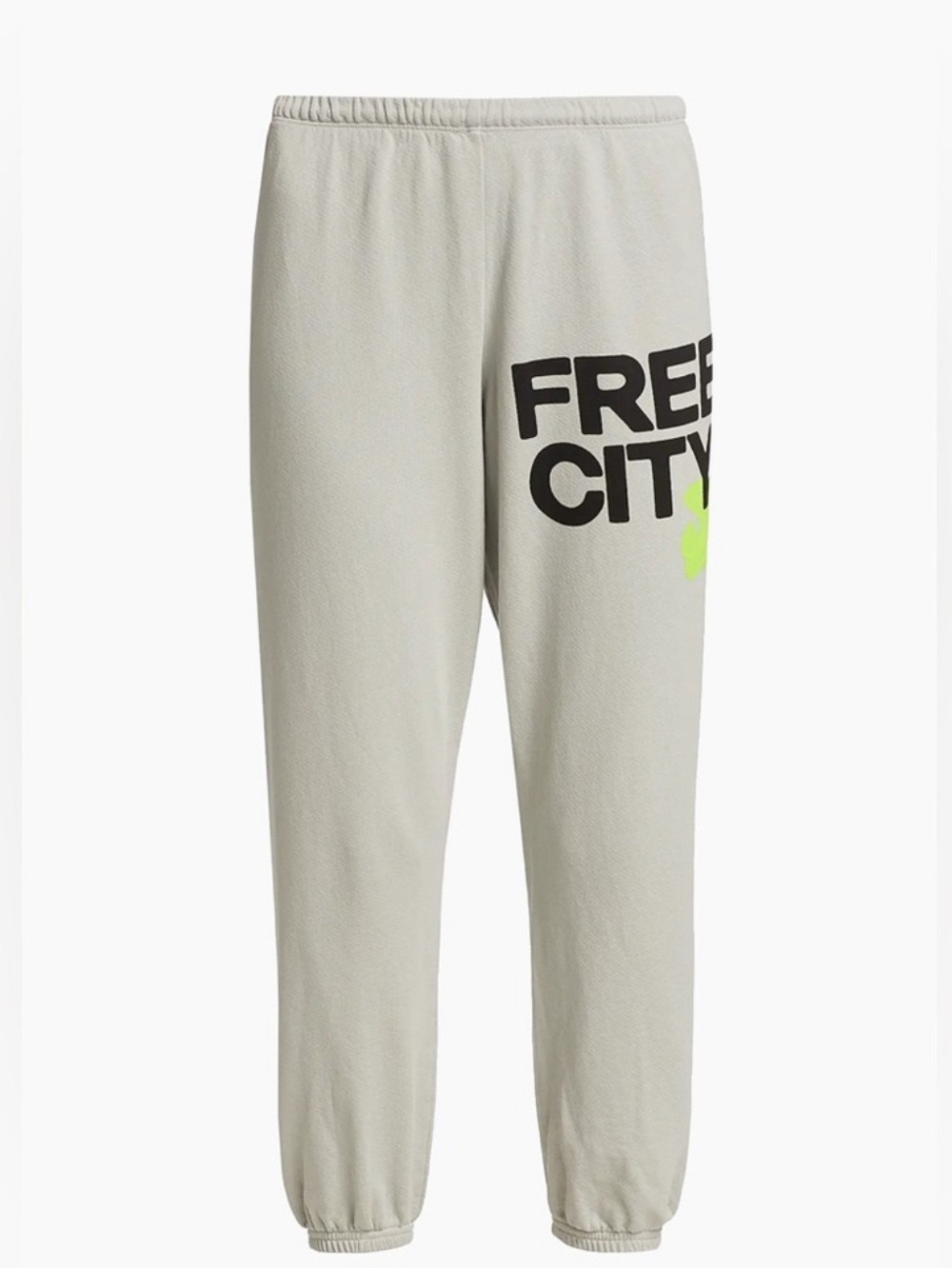 Free City Light Grey Sweatpants with Black and Yellow Logo.